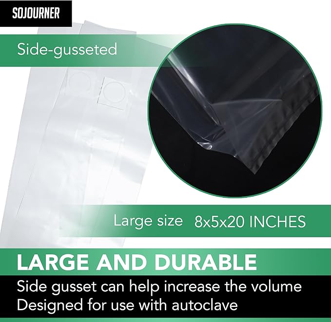 Mushroom Grow Bags (50 Pack) - 6 Mil Thick Autoclave Spawn Bags with 0.2 Micron Filter for Your Grain - Mycology Supplies - Large Size 8" x 5" x 20"