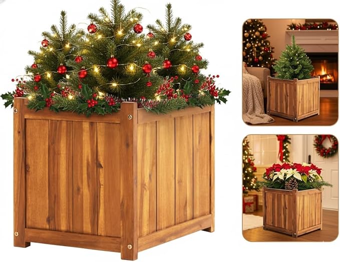 Idzo Hardwood Outdoor Flower Box, Durable Acacia Wood Flower Boxes for Outdoor Plants with Ergonomic Handles, Drainage Holes, Multiple Sizes Wood Bucket Planter for Home Decor, 1pcs