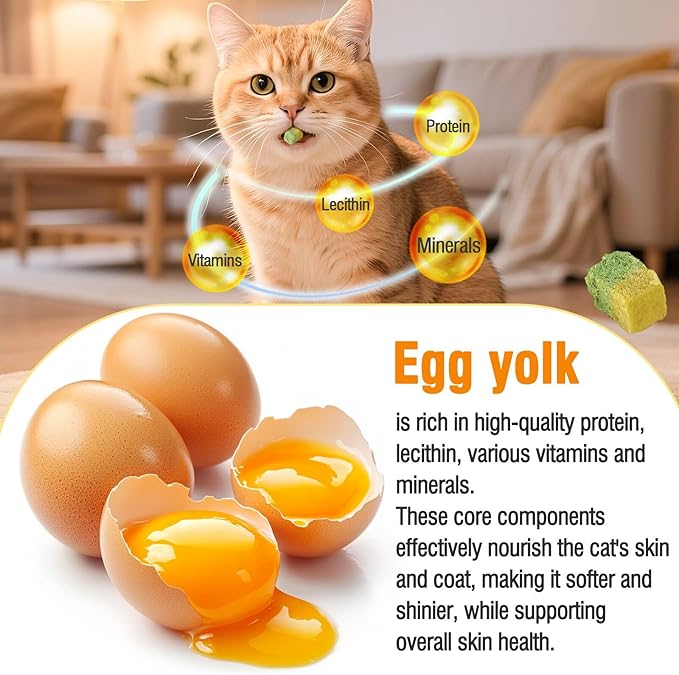 HavenJanny Freezed-Dried Cat Grass Treats, Catgrass Egg Yolk Duo Bites, Cat Dental Treats for Hairball Control and Healthy Coat, Cats Teething Stick (60g, EggYolk)