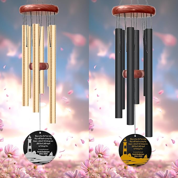 Personalized Lighthouse Memorial Wind Chime – “Those We Love Don’t Go Away” Golden Engraved Quote – Custom Name & Years Sympathy Gift – Memorial Windchimes for Loss of Loved One – Ocean Tribute Décor