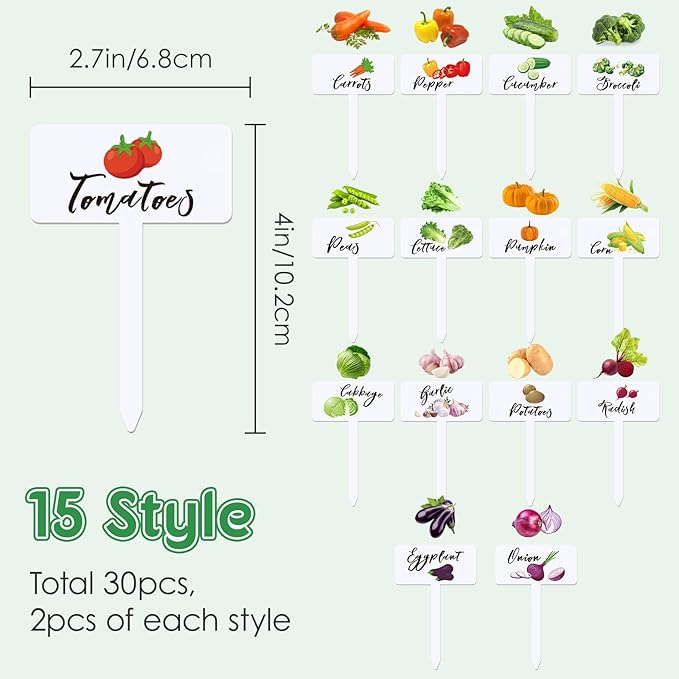 30 Pcs Acrylic Vegetable Labels Signs Waterproof Plant Marker Garden Stake Tags with Vegetable Name 15 Styles T-Type Markers Reusable for Nursery Indoor Outdoor Spring Garden Decoration