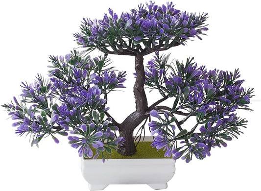 Mini Artificial Bonsai Tree Fake Plants - Artificial Plant Welcome Pine Treewith Plastic Cement Pots for Home Office Décor (Purple)