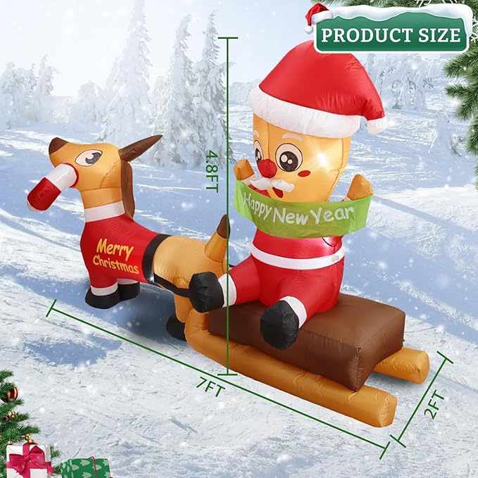 7FT L Animated Christmas Inflatable Santa on Sleigh with Dachshund, Lovely Christmas Blow up Dog Sledding with Build-in LED Lights Indoor Outdoor Party Decoration