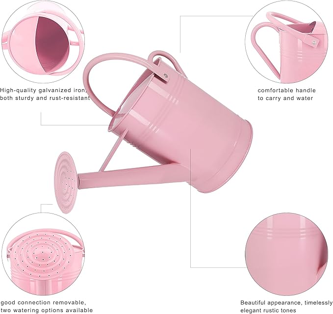 Galvanized Watering Can for Outdoor Indoor Plants, 1.7 Gallon Pink Decorative Countryside Style Water Can with Removable Spout, Metal Watering Can for Indoor Plants and Garden Flower