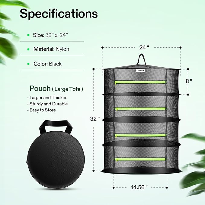 VIVOSUN 2-Pack 4-Layer Mesh Drying Rack Hanging Design with Green Zippers for Dehydrating, Indoor and Outdoor (Pruning Shears Included)