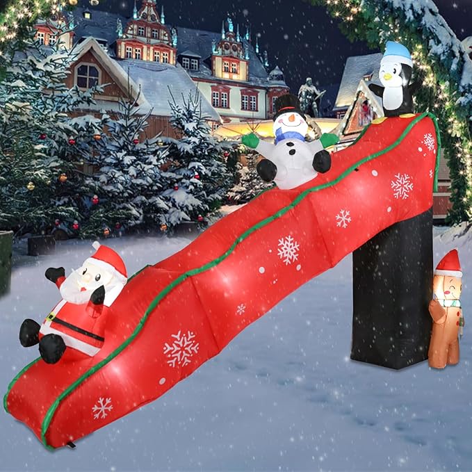 9.7 Ft Long Christmas Inflatables Christmas Blow Up Yard Decorations Christmas Inflatable Santa Clause Snowman Penguin Gingerbread Man Play on Slide Lighted Up Yard Lawn Garden Home Party Decor