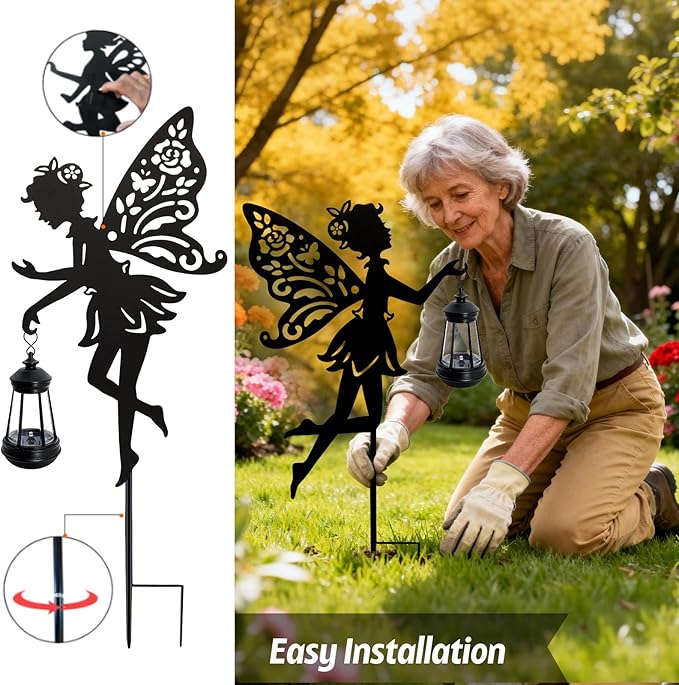 Solar Fairy Garden Statues Outdoor Decor, 2 Pack Metal Fairy Figurine Light Stake,Christmas Housewarming Ornament for Patio, Lawn, Yard, Pathway - Unique Gift Ideas for Gardening Mom Grandma Birthday