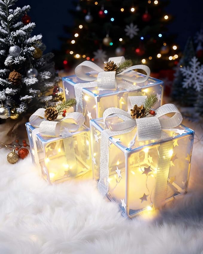 Lighted Gift Boxes Set of 3, QUICARD Christmas Holiday Decorations Gift Box with Pine Cone with Remote Control, LED Mesh Star Light Decor, for Tree Skirt Indoor Outdoor Yard Holiday Door