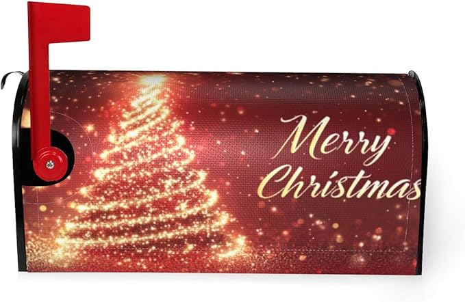 Festive Magnetic Mailbox Cover Red Pine Tree Christmas Pattern Outdoor Mailbox Protector Holiday Seasonal Decorative Garden Yard Home Standard Size 21 x 18 Inch