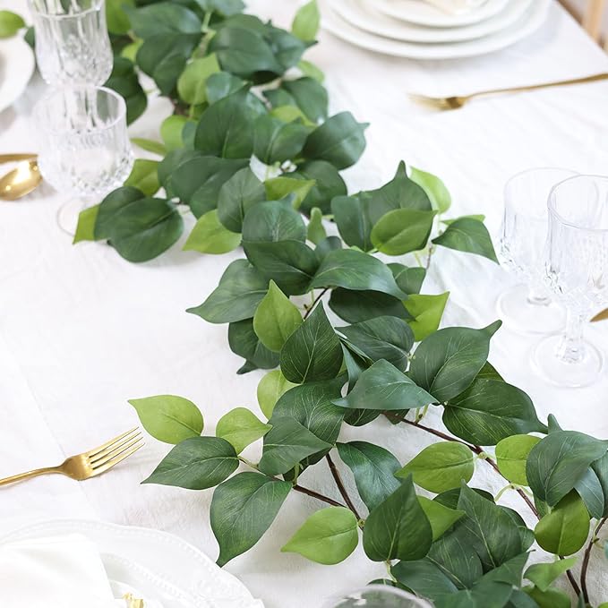 mizii 2 Strands Artificial Scindaps Vines Garland 73" Fake Vine with Silk Green Leaves Faux Evergreen Hanging Plants Greenery Decoration for Party Wedding Bedroom Home Wall Room Decor (Scindapsus)