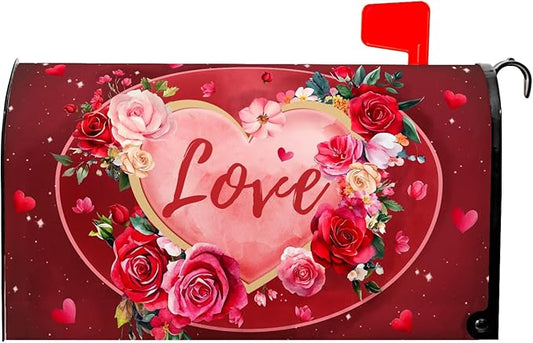 Valentine's Day Mailbox Covers Magnetic Standard Size 18 X 25.5 Inch Red Love Hearts Magnetic Mailbox Cover Floral Mailbox Wraps Post Box Cover Decoration Outdoor Garden Home Yard Outside