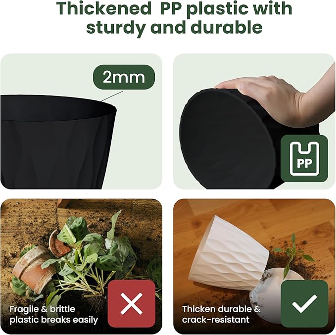 8/7/6/5/4 Inch Plant Pots with Drainage Holes, Setof 5 Plastic Planters for Indoor Outdoor Plants,Indoor Flower Pots, Nursery Planting Pot for Garden OfficeHome Decor(Black, 8/7/6/5/4)