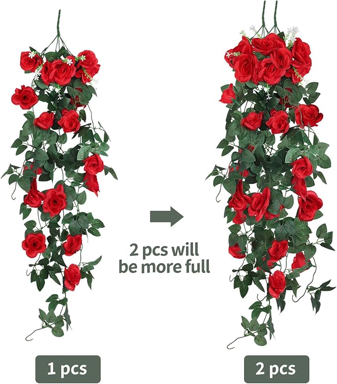 RECUTMS Hanging Flowers Artificial Hanging Rose Flower 2PCS 3.3Ft for Outdoors with 30 LED Fairy String Lights for Indoor Wall Wedding (Red)