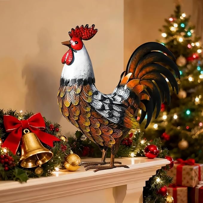 Kircust Garden Rooster Statues & Sculpture, Metal Chicken Animal Yard Art Lawn Ornament Figurines Artwork for Outdoor, Patio,Backyard and Home Kitchen Decoration