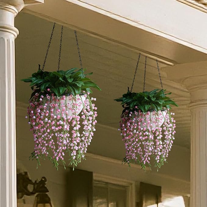 alyptus Hanging Planters for Indoor Plants Fake Flowers - 2-Pack Artificial Hanging Lily of The Valley with Pot - White Faux Flowers in Planters for Indoor Décor