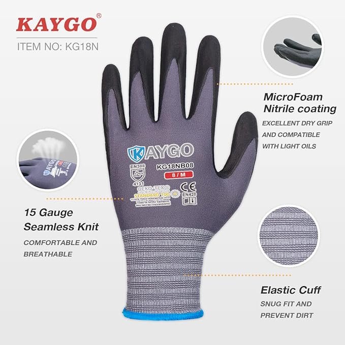 KAYGO Safety Work Gloves MicroFoam Nitrile Coated, 12 Pairs KG18NB,Seamless Knit Nylon Glove for Men and Women, Ideal for Automotive,Warehouse,Construction (L, Purple)