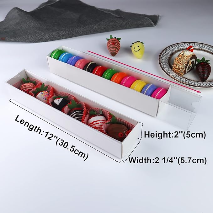 RomanticBaking 51 Pack 12x2¼x2 Inch Long Bakery Boxes with Full Window Drawer Strawberry Boxes,Macaron boxes,Chocolate Boxes Truffle Boxes