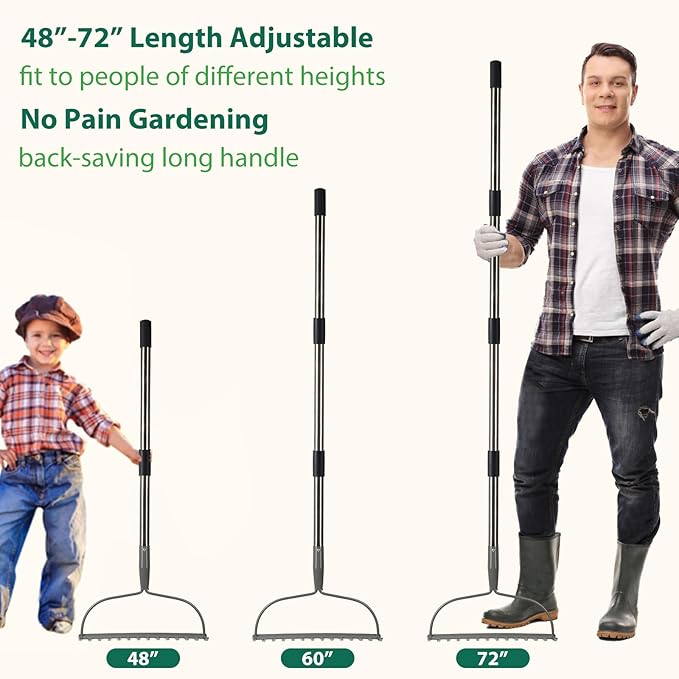 Rake for Leaves, Garden Bow Rake for Lawns Heavy Duty, 5 ft Back-Saving Long Handle, 14 Metal Tines, Yard Gardening Tools for Loosen Soil, Clear Gravel Grass Rock, Level Mulch