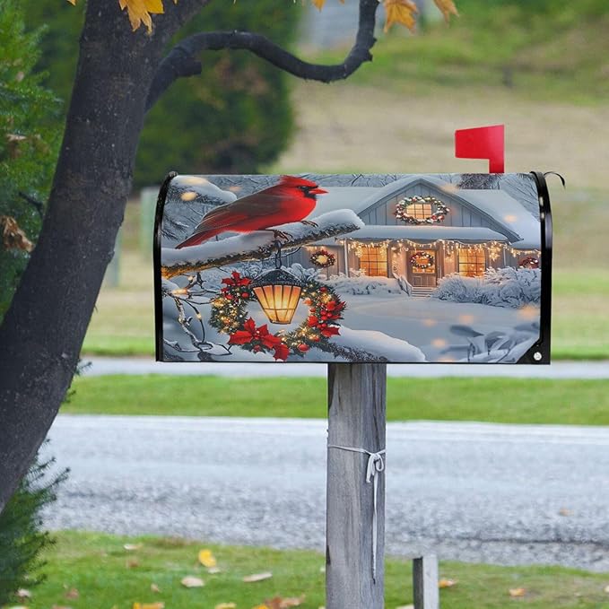 SUABO Mailbox Cover Cardinal House Snowy Day Standard Magnetic Mailbox Covers Wraps for Christmas Home Yard Garden Decor