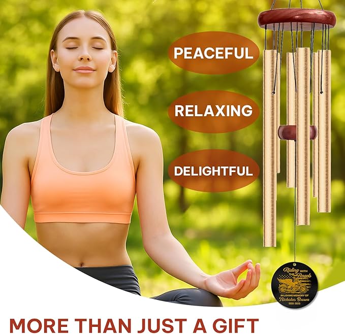 Personalized Motorcycle Memorial Wind Chime – “Riding with The Angels” Gold Cruiser with Wings and USA Flag – Custom Name & Years, Biker Remembrance Gift, Sympathy Decor for Loss of Loved One