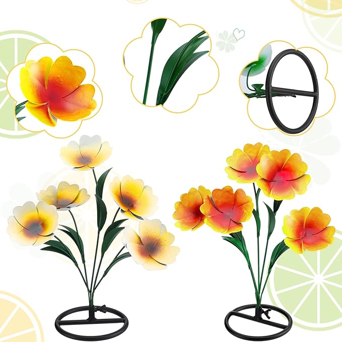 2 Pack Metal Flowers for Outdoor, Decorative Garden Stakes Yard Art, Outdoor Spring Garden Stake Summer Decor Bouquet of Poppy Flower Rustic Handcrafted Items for Lawn Porch Fence(Yellow)