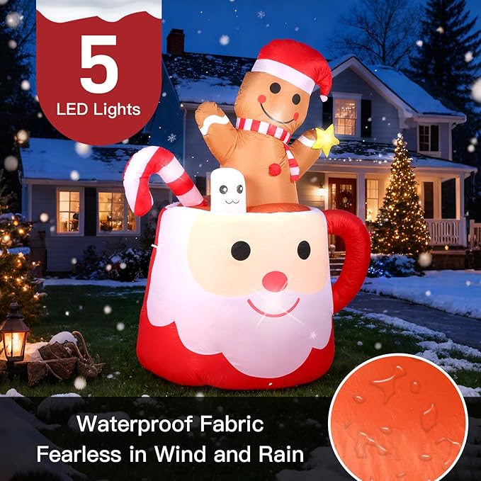 6FT Gingerbread Christmas Inflatables Decorations Outdoor，Blow Up Christmas Decoration Gingerbread Man Mug with Built-in LEDs Lights for Indoor Holiday Party Yard Garden Lawn Décor