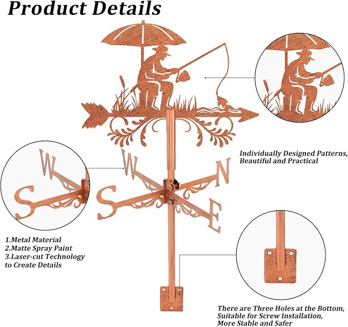 SUPERDANT Fishing Weather Vane for Roof Fish Man Metal Weathervane Bank Fishing Wind Vanes for Sheds Copper Wind Direction Indicator for Farmhouse Yard Farm Shed Garden Decoration