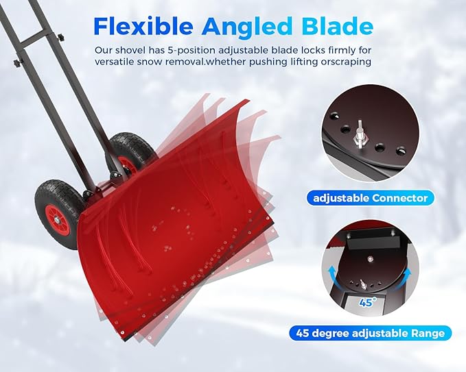 Garvee 29" Snow Pusher Shovel with Wheels,Heavy Duty Steel Snow Shovel with Wheels,Angled Blade Efficient Snow Removal With5-Position Angled Blade & Adjustable Handle for Doorway, Sidewalk, Red