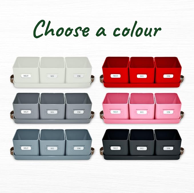 volila Herb Planter Indoor - Set of 3 Black Indoor Herb Garden Pots for Plants with Leather Handled Tray - Window Sill Plant Shelf - Herb Pots with Drainage Holes and Labels