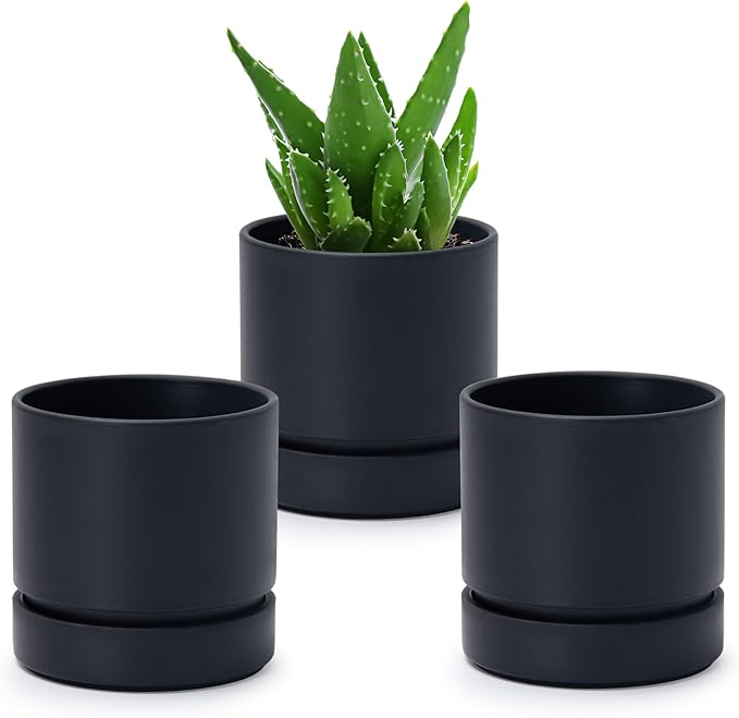 4 Inch Modern Plastic Round Pots for Indoor Houseplants and Herbs, Pack of 3 Planter Pot with Drainage Hole & Saucer, Deep Water Catch Tray, Straight Cylindrical Pot for Plants, Matte Black, 23-D-R-2