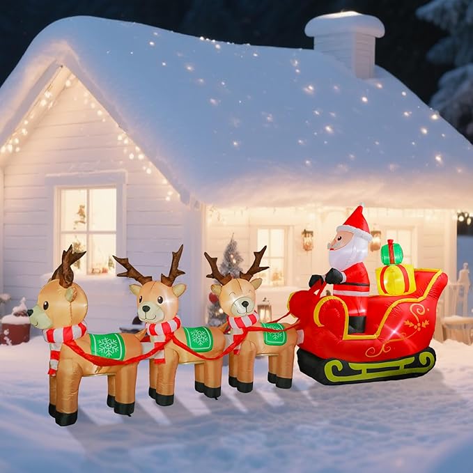 VCUTEKA Christmas Inflatables Outdoor Decorations, 12FT Blow Up Santa Claus Sleigh with Reindeer and Gifts, Animated Christmas Inflatable Yard Decoration with LED Lights for Holiday Lawn Garden Décor