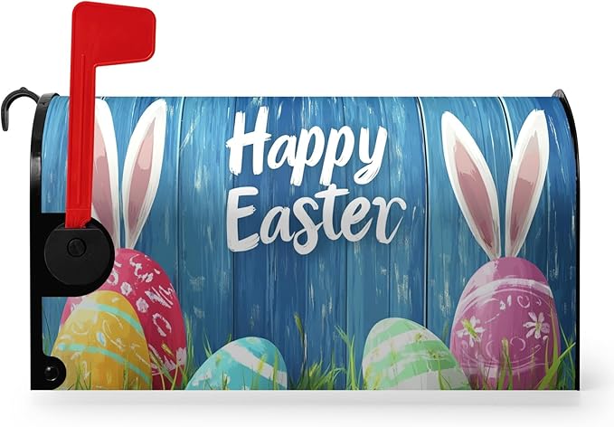 Easter Bunny Mailbox Cover Magnetic Standard Size 21 x 18 Rabbit Colorful Eggs Mailbox Covers Wraps Blue Spring Post Letter Box Cover for Home Garden Yard Decor