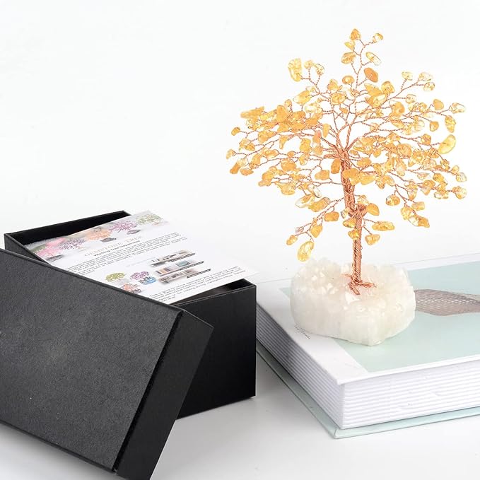Natural Citrine Gemstone Crystal Tree of Life,Clear Quartz Cluster Base,Bonsai Money Tree Feng Shui Home Decor,Healing Crystals Positive Energy for Luck and Wealth 5.5"-6.3"