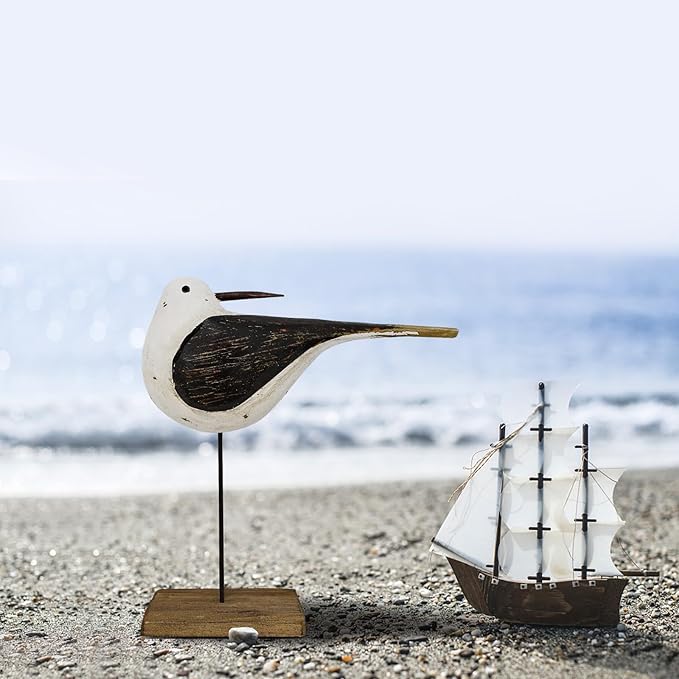 Aecipl Wooden Sea Bird Statue Seagull On Stand Decor Nautical Coastal Birds Sculpture Indoor Outdoor Animal Figurine Beach Themed Decoration Rustic Home Art for Bedroom Garden (G)