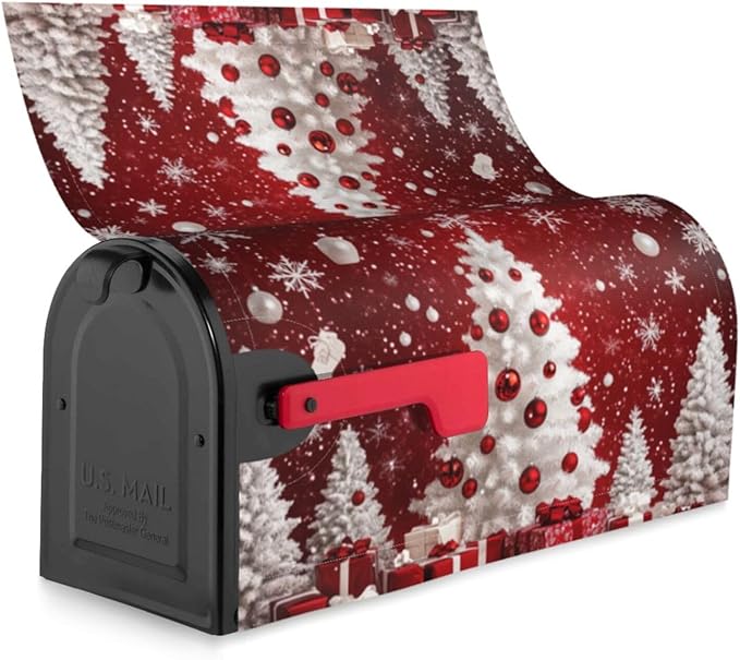 Festive Magnetic Mailbox Cover Red Christmas Tree Pattern Outdoor Mailbox Protector Holiday Seasonal Decorative Garden Yard Home Large Size 25.5 x 21 Inch