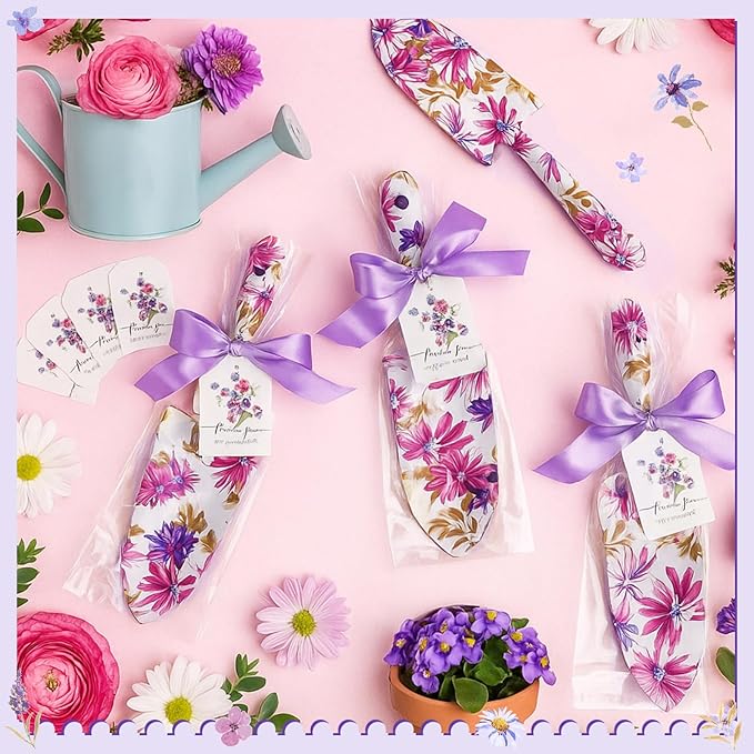 Capoda 12 Sets Floral Garden Shovels Bulk Gardening Gift for Women Thanksgiving Garden Tools Floral Hand Heavy Duty Trowels Thank You Cards with Bags for Christmas Mom Birthday Teacher(Purple,Elegant)