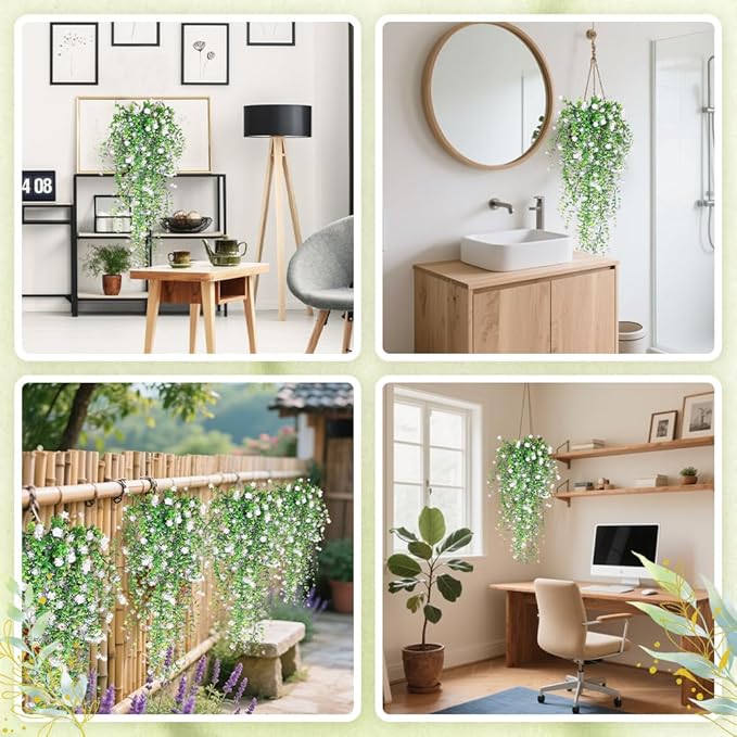 Artificial Hanging Flowers, 3 Pcs Fake Hanging Plants Decor, Artificial Vines for Outdoors, UV Resistant No Fade Artificial Fake Hanging for Indoor Decoration Outdoor Porch Courtyard (White)