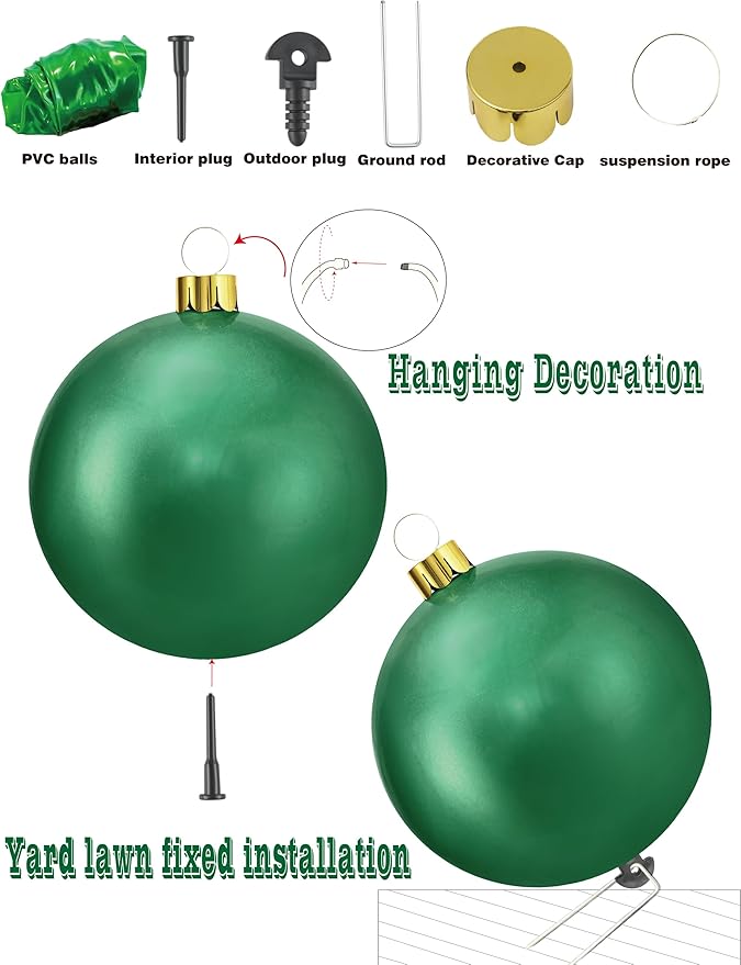 Inflatable Christmas Ornaments, 18" or 25" Oversized Outdoor Christmas Ball Ornaments, Holiday Yard Christmas Tree Decorations, Indoor and Outdoor Decoration Balls (18 inch, Green)