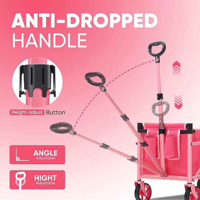 Sekey Wagon Cart with Wheels with 220LBS Capacity,Heavy Duty Wagon Carts Foldable with Drink Holders,Lightweight Utility Portable Cart for Grocery, Shopping, Garden, Camping. Pink