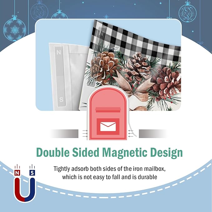 Winter Pine Cone Mailbox Cover Magnetic Standard Size 21" x 19", Buffalo Plaid Farmhouse Decorative Post Letter Box Wrap Decor, Christmas Pine Needle Bow Red Berry Garden Yard Outdoor Decoration