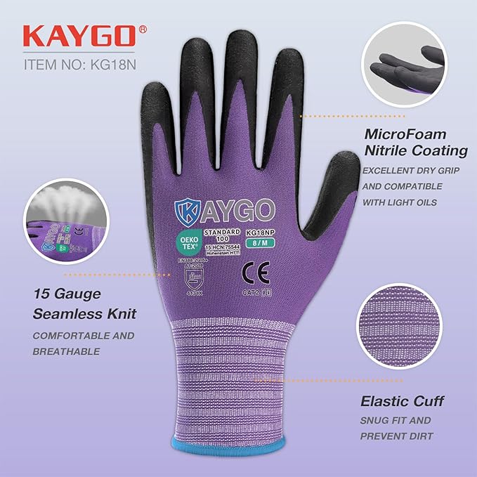 KAYGO Safety Work Gloves MicroFoam Nitrile Coated, 3 Pairs KG18NB,Seamless Knit Nylon Glove for Men and Women, Ideal for Automotive,Warehouse,Construction (2XL, Purple)