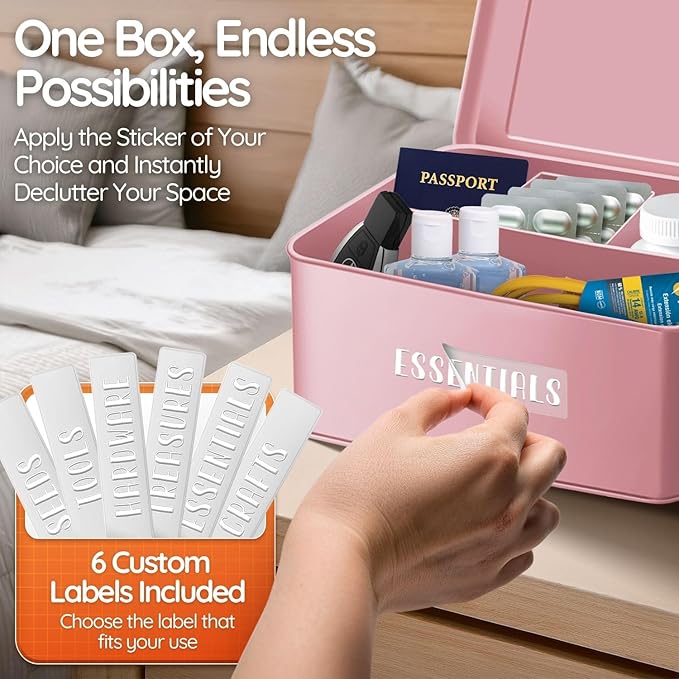 Flexzion Tin Storage Box with Removable Tray, 8 Inch Seed Organizer Box and Metal Seed Holder Organizer with Hinged Lid, Toolbox Container for Crafts, Hardware, Tools, Essentials, Pink