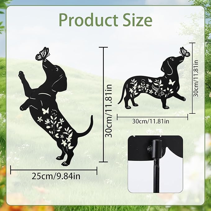 Dachshund Decorative Garden Stakes, 2 Pcs Dachshund Gifts for Women Men Metal Garden Stakes, Dog Butterfly Floral Silhouette Outdoor Yard Art Lawn Decor