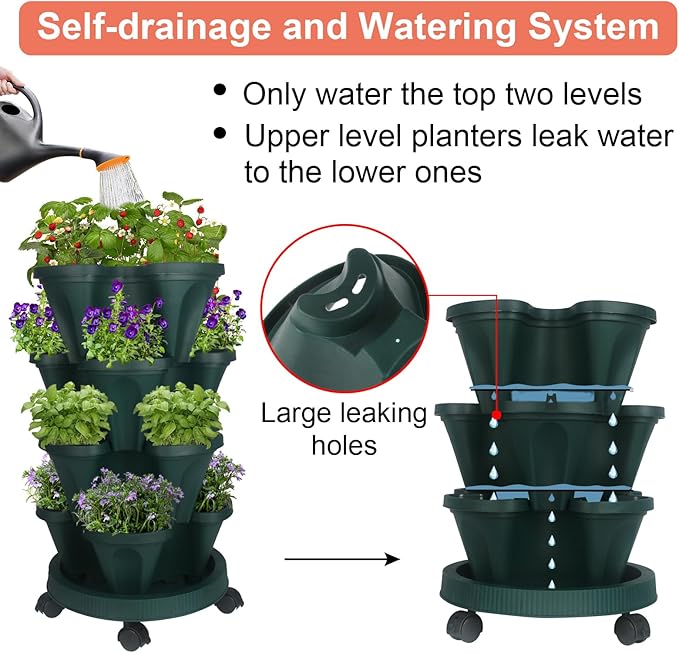 GameXcel Vertical Planter 4 Tier Stackable Planters Garden Planters Strawberry Herb Flower and Vegetable Planter Indoor Outdoor Gardening Pots with Removable Wheels and Tools 2-Pack