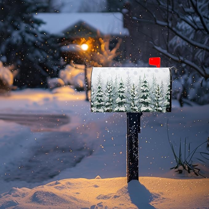 Winter Cedar Magnetic Mailbox Cover Snowy Forest Mailbox Wrap Pine Tree Snowflake Nature Landscape Mail Post Letter Box Cover for Christmas Holiday Garden Yard Decor Standard Size 18" X 21"