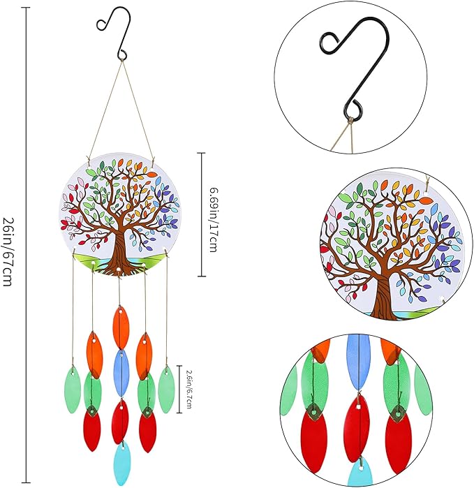 Tree of Life Glass Wind Chimes for Outside, Fall Leaves Windchimes Outdoors Unique Suncatcher, Small Sea Glass Art Wind Chimes Outdoor Gifts for Women, Hanging Outdoor Garden Christmas Decoration Gift