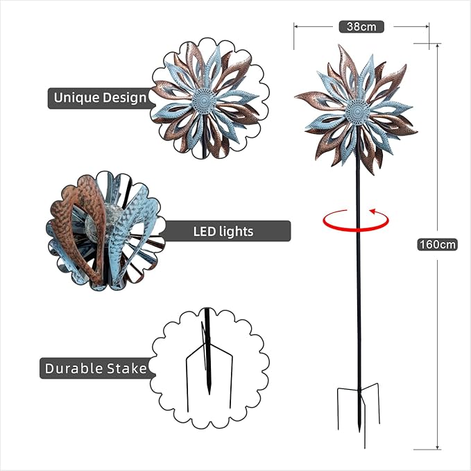 Outdoor Wind Spinner with Garden Stake 62.99" Metal Two-Way Wind Sculptures Solar Color Changing Lights Large Windmills for Garden,Patio,Yard,Lawn Decor Gifts Blade