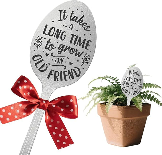 CUTHOLLOW Garden Plant Marker Grow an Old Friend, 2pc Metal Spoon Labels for Outdoor Waterproof - Friendship Gifts for Gardeners Woman - Decorative Garden Plant Tags