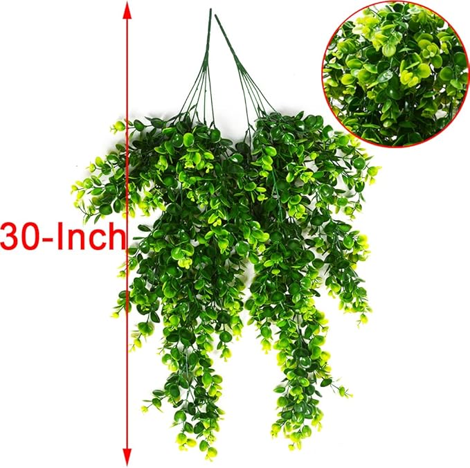 2pcs Artificial Hanging Plants Fake Hanging Plant Faux Eucalyptus Leaf Greenery Vine Outdoor UV Resistant Plastic Plants (2, Green)