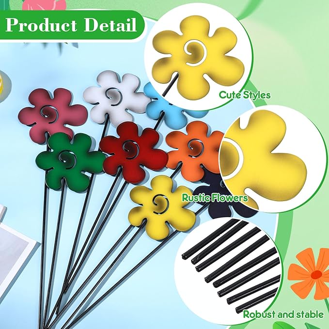 8 Pack Rustic Metal Flowers Decorative, 12" Farmhouse Garden Decor Outside Rust Garden Stakes, Spring Yard Art Ornament for Christmas Outdoor Lawn Porch Pathway Patio Decor